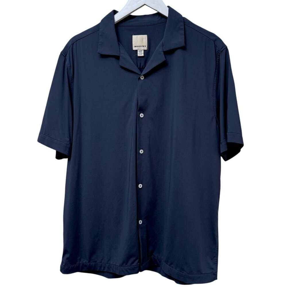INDUSTRY Mens Performance Stretch Shirt Large Navy Blue Short Sleeve Button Up